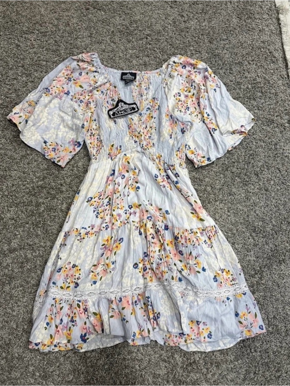 Angie Pastel Blue Floral Smocked Tiered Dress with Pink & Yellow Blooms